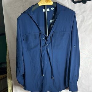 New York & Company Blue Lace-Up Blouse